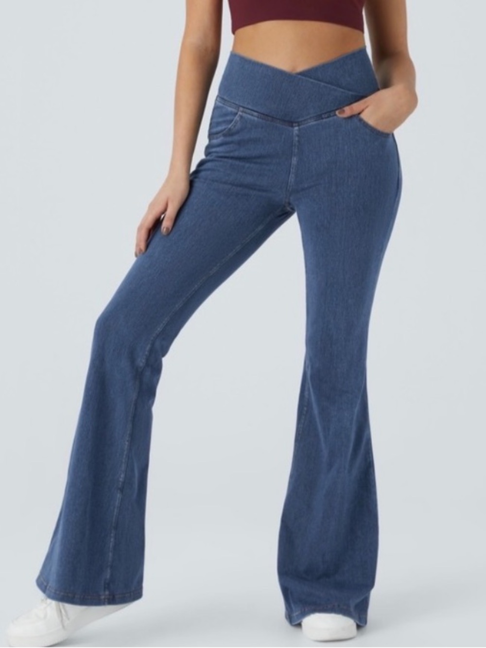 Halara High V Waisted Crossover Pull On Flare Jeans XL Petite mid wash